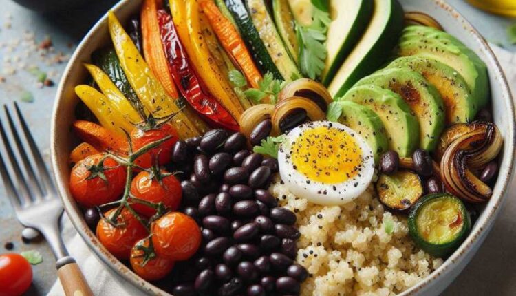 healthy food ideas for dinner - Quinoa and black bean bowl with roasted vegetables and avocado